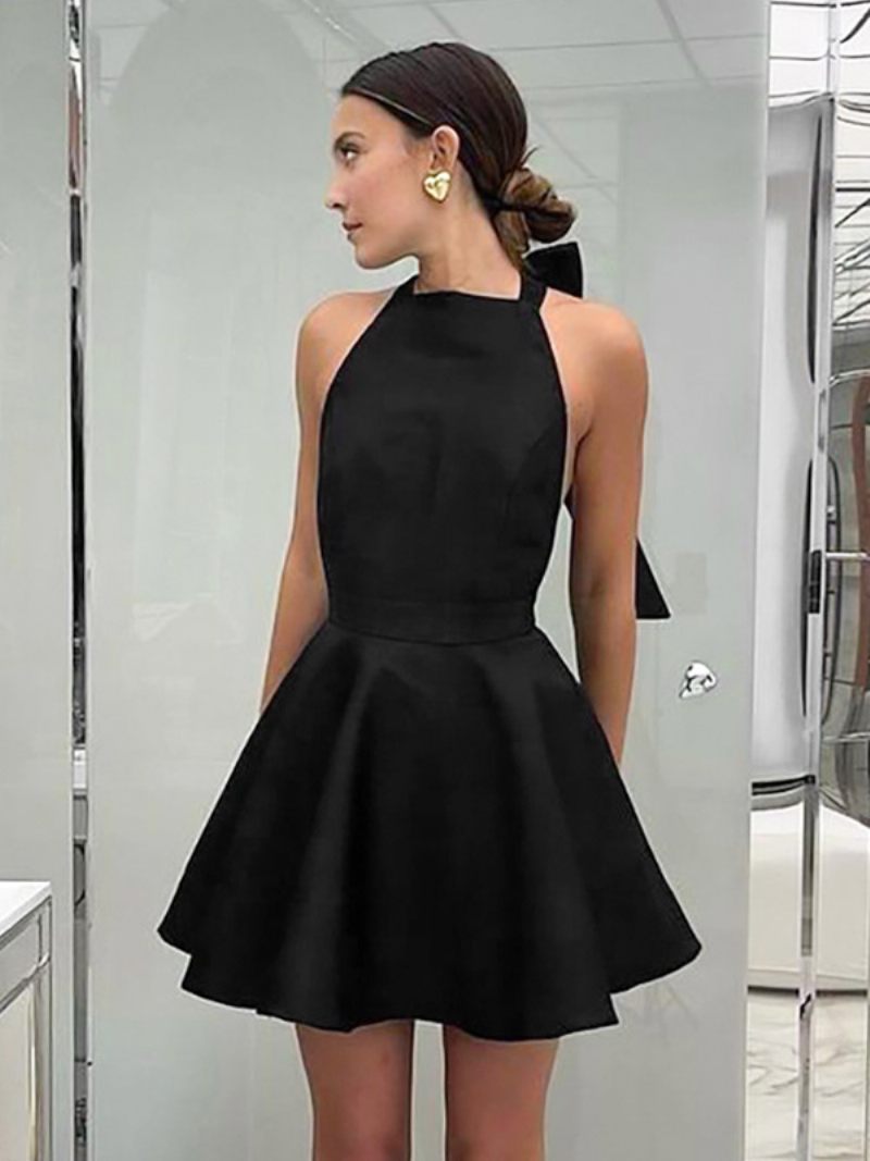 Petite Robe Noire Pour Femmes Col Licou Nœud Papillon Dos Nu Robes Courtes Soirée Sexy - Noir