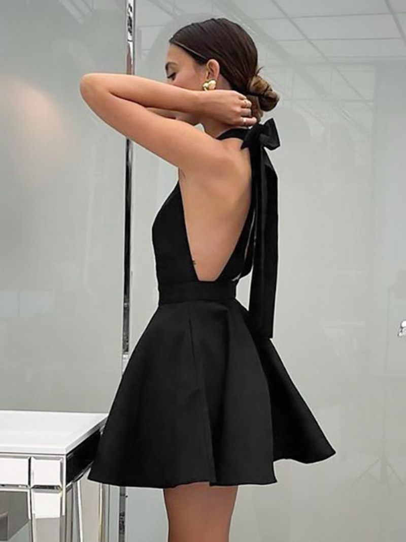 Petite Robe Noire Pour Femmes Col Licou Nœud Papillon Dos Nu Robes Courtes Soirée Sexy - Noir