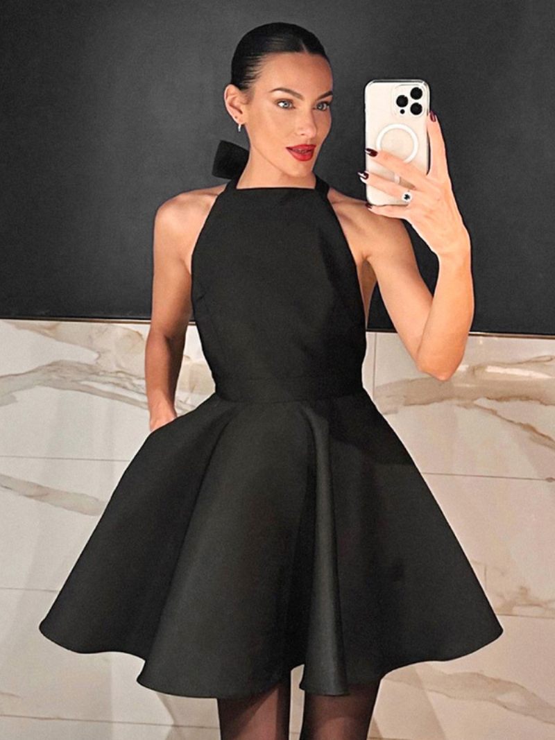 Petite Robe Noire Pour Femmes Col Licou Nœud Papillon Dos Nu Robes Courtes Soirée Sexy - Noir