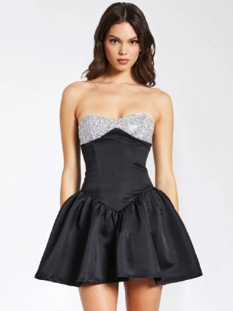 Petite Robe Noire Pour Femmes Sans Bretelles Paillettes Manches Volants Robes Soirée Courtes