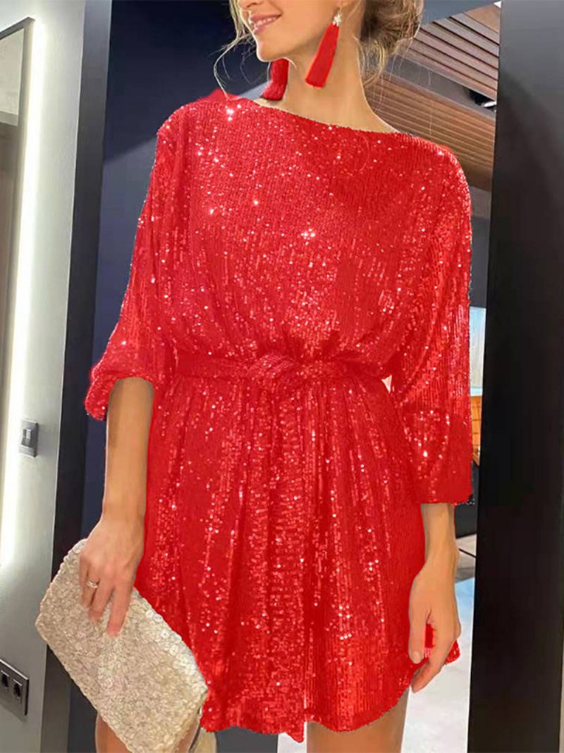 Robe Ample Pour Femmes Col Bateau Ceinture Manches Longues Robes Courtes Fête D'anniversaire - Rouge