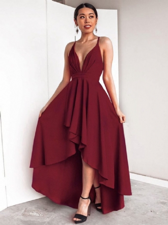 Robe D'anniversaire Pour Femmes Sans Manches Col Plongeant Dos Nu Haut Et Bas Bordeaux Longue Bal