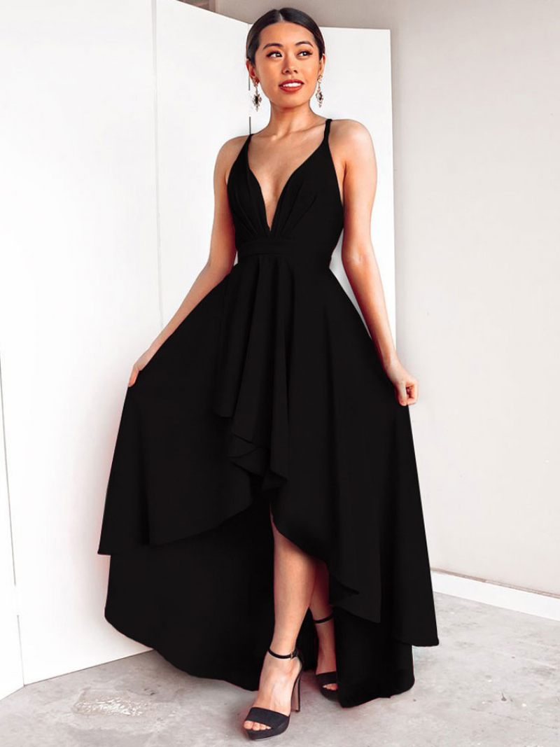 Robe D'anniversaire Pour Femmes Sans Manches Col Plongeant Dos Nu Haut Et Bas Bordeaux Longue Bal - Noir