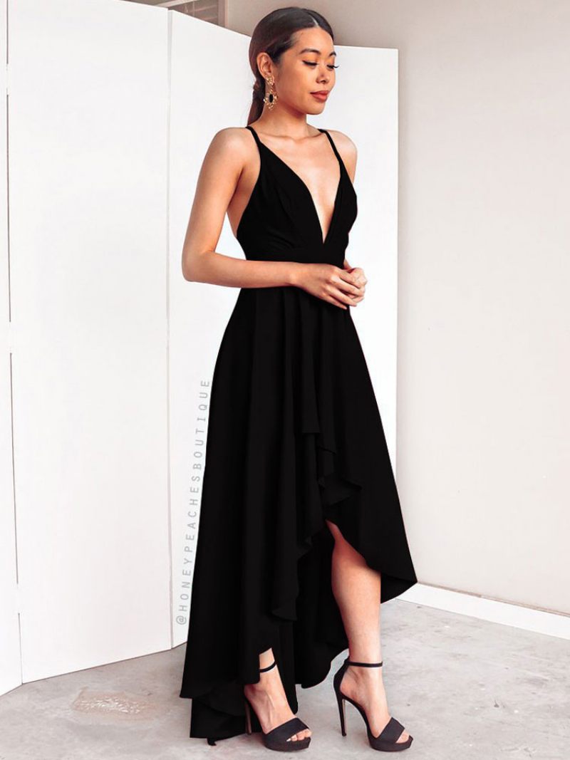 Robe D'anniversaire Pour Femmes Sans Manches Col Plongeant Dos Nu Haut Et Bas Bordeaux Longue Bal - Noir