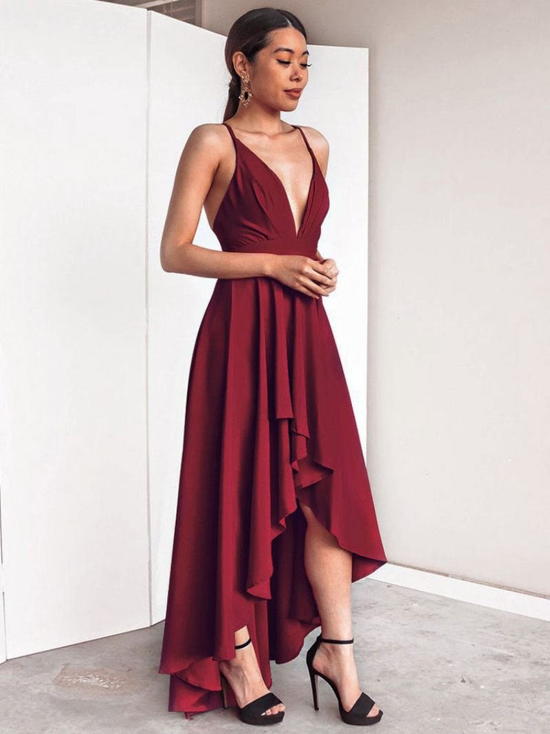 Robe D'anniversaire Pour Femmes Sans Manches Col Plongeant Dos Nu Haut Et Bas Bordeaux Longue Bal - Bourgogne