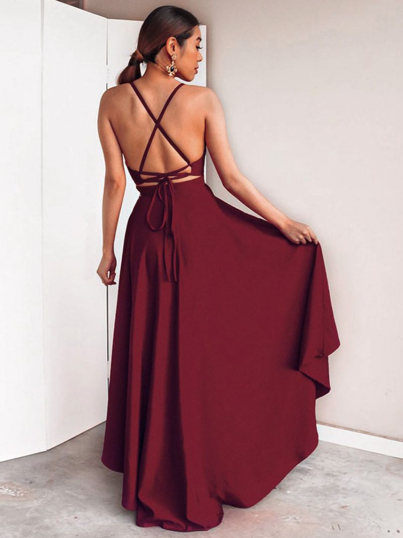 Robe D'anniversaire Pour Femmes Sans Manches Col Plongeant Dos Nu Haut Et Bas Bordeaux Longue Bal - Bourgogne