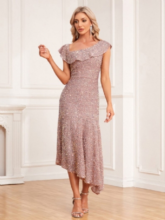 Robe Asymétrique À Paillettes Pour Femmes Volants Épaule Dénudée Robes Mi-longues Bal