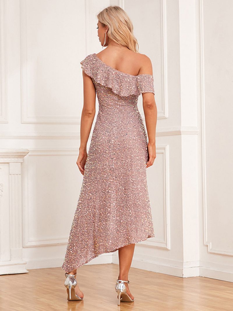 Robe Asymétrique À Paillettes Pour Femmes Volants Épaule Dénudée Robes Mi-longues Bal - Rose