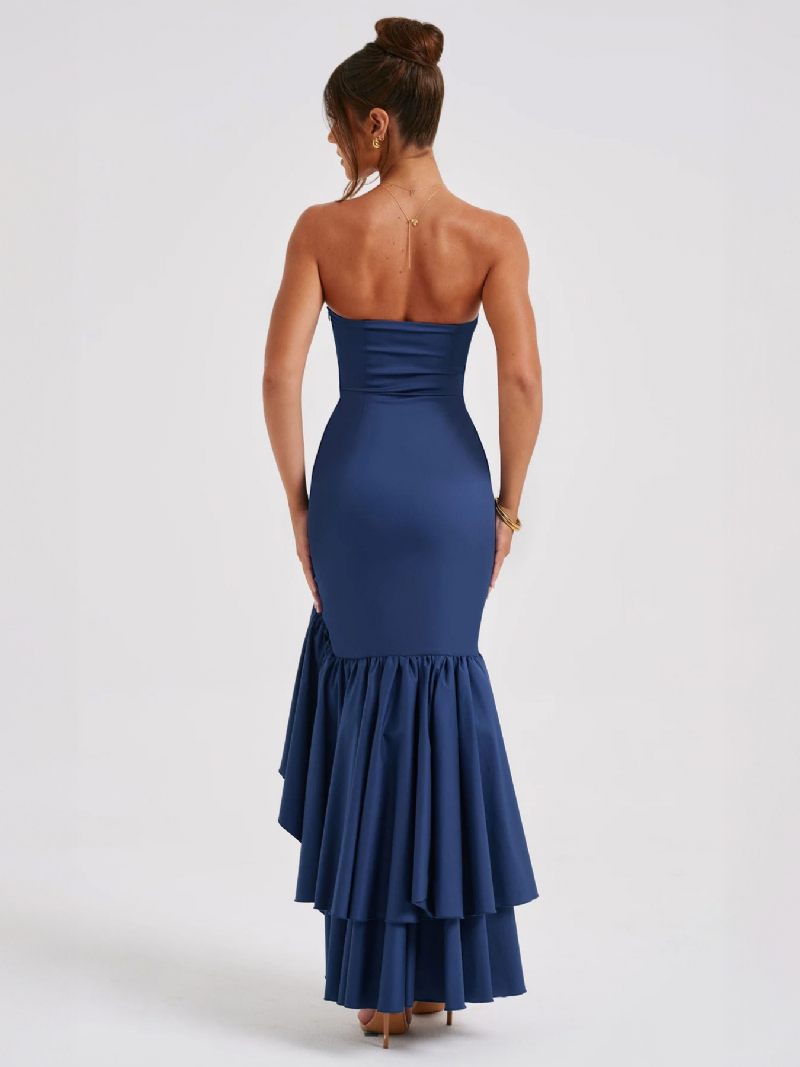 Robe Bal Bleue Pour Femmes Épaules Dénudées Volants Robes Longues Asymétriques Élégantes - Bleu