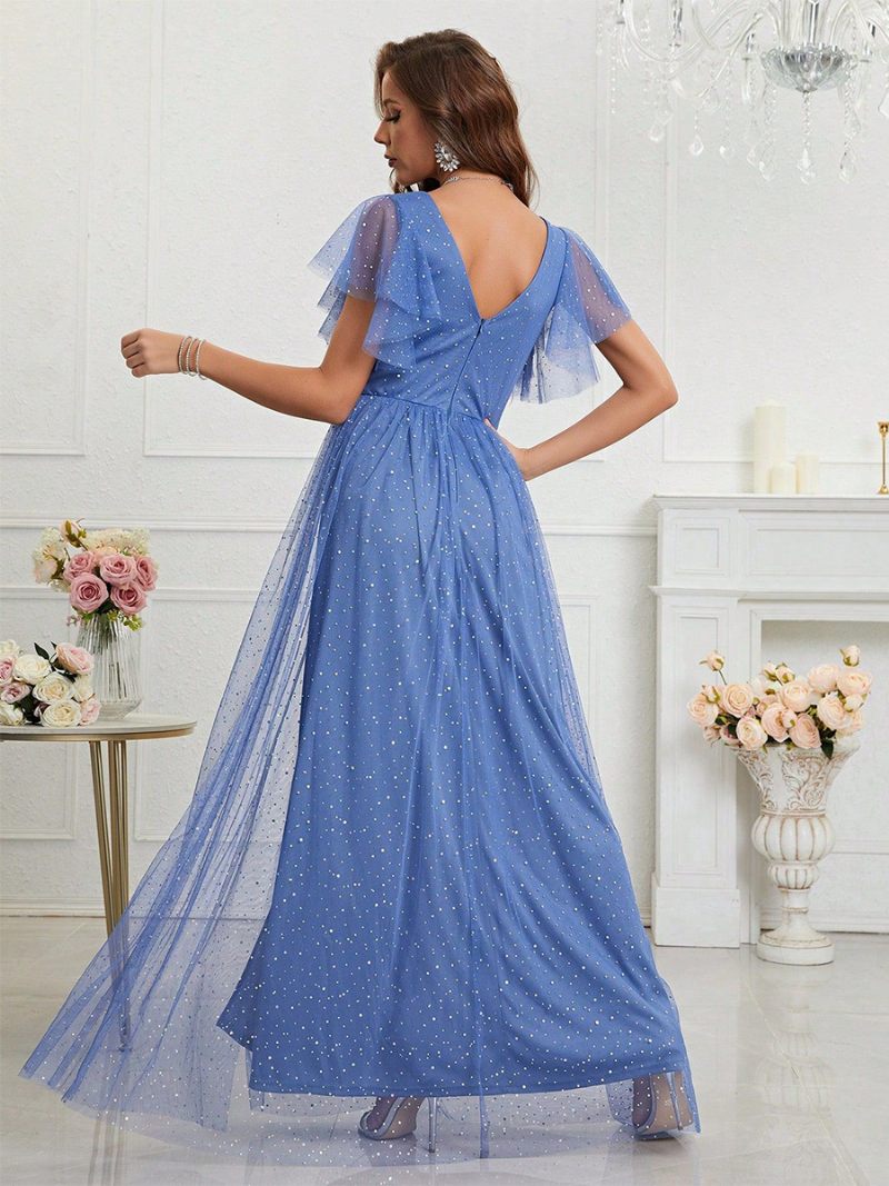 Robe Bal Bleue Pour Femmes Surplis Col V Manches Flottantes Robes Longues Tulle - Bleu