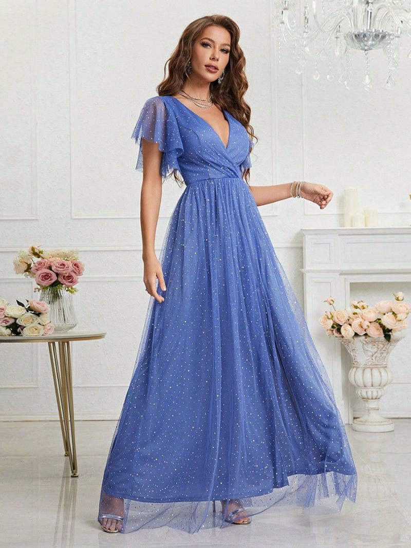 Robe Bal Bleue Pour Femmes Surplis Col V Manches Flottantes Robes Longues Tulle - Bleu