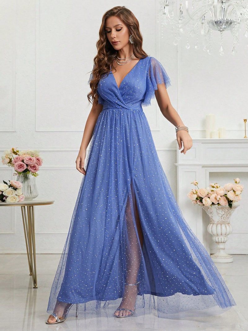 Robe Bal Bleue Pour Femmes Surplis Col V Manches Flottantes Robes Longues Tulle - Bleu