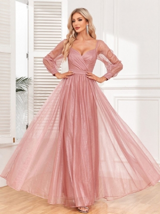 Robe Bal Élégante Pour Femmes Col Surplis Manches Illusion Robes Longues Roses