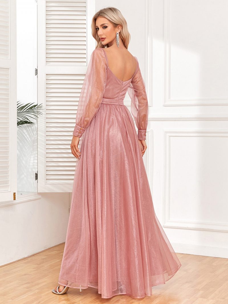 Robe Bal Élégante Pour Femmes Col Surplis Manches Illusion Robes Longues Roses - Rose