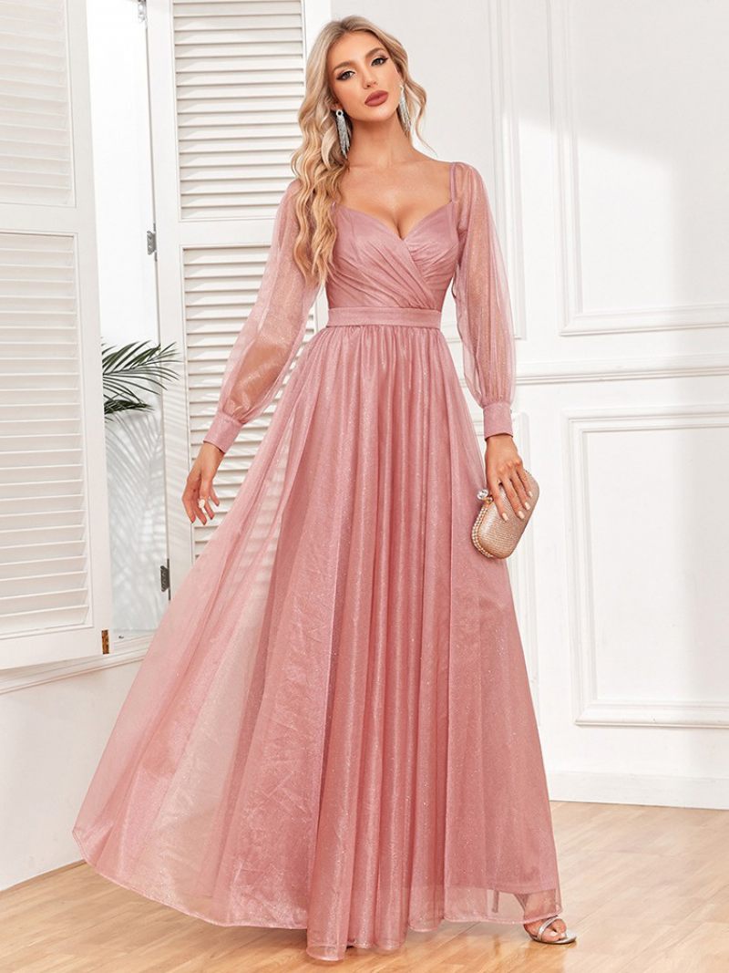 Robe Bal Élégante Pour Femmes Col Surplis Manches Illusion Robes Longues Roses - Rose