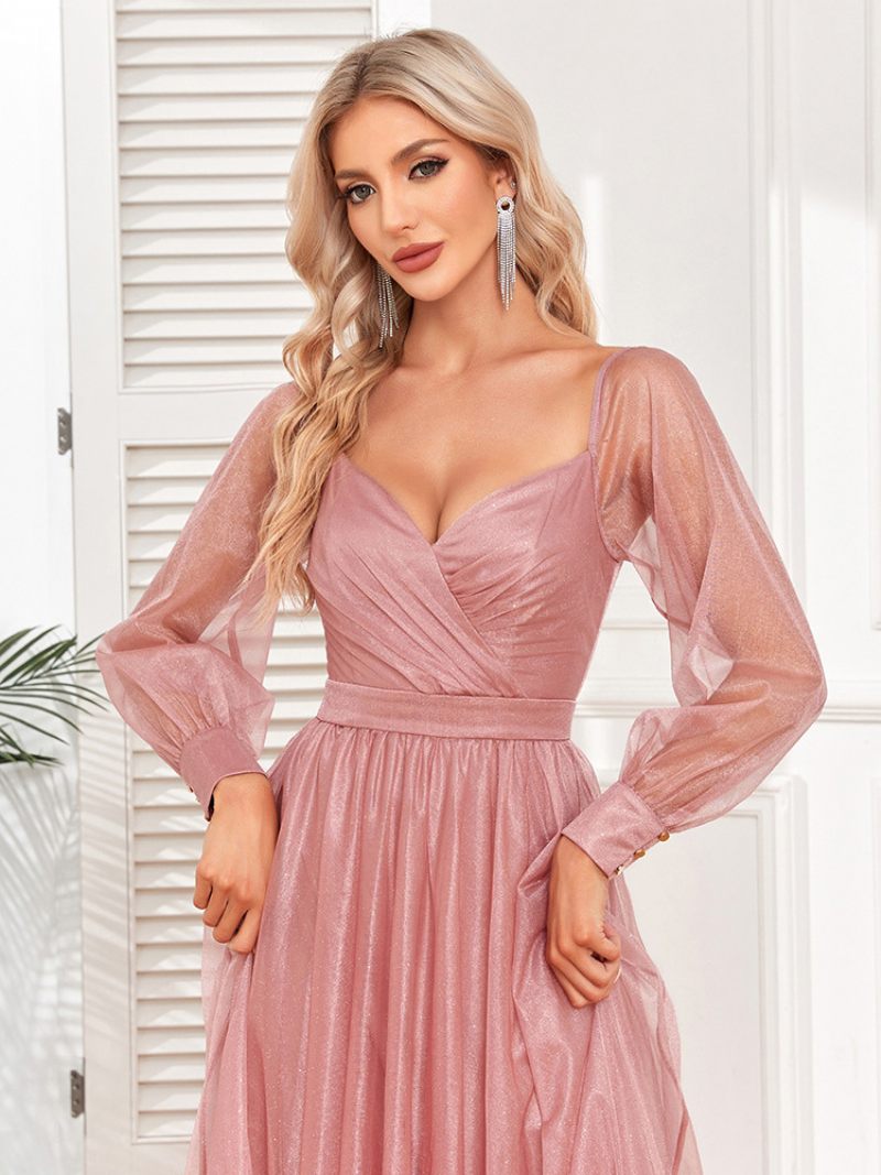 Robe Bal Élégante Pour Femmes Col Surplis Manches Illusion Robes Longues Roses - Rose