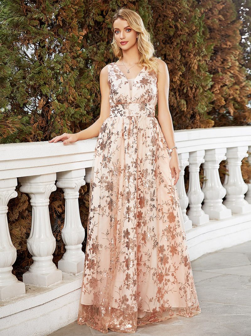 Robe Bal Froal Pour Femme Dos V Sans Manches Ligne A Cocktail Longue - Champagne