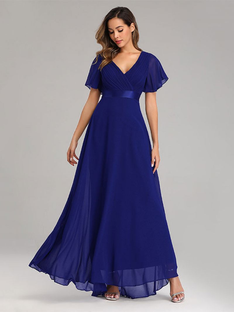 Robe Bal Mousseline Soie Pour Femme Col V Manches Courtes Longue Semi-formelle - Bleu