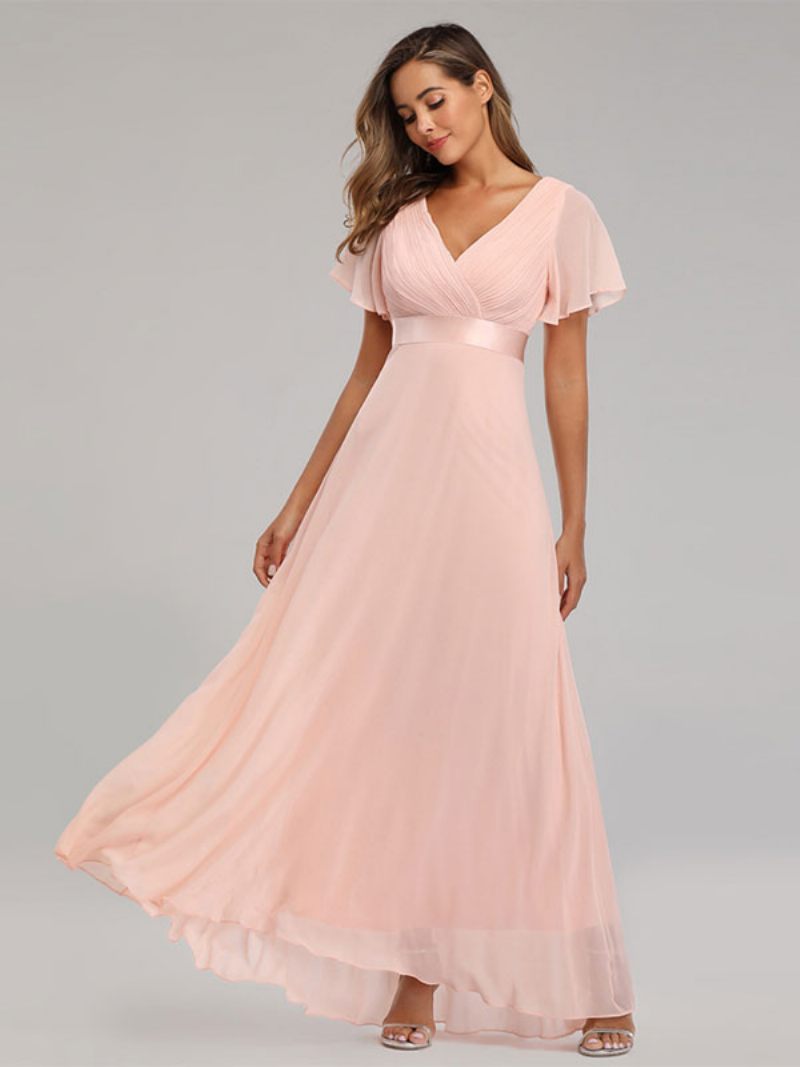 Robe Bal Mousseline Soie Pour Femme Col V Manches Courtes Longue Semi-formelle - Rose