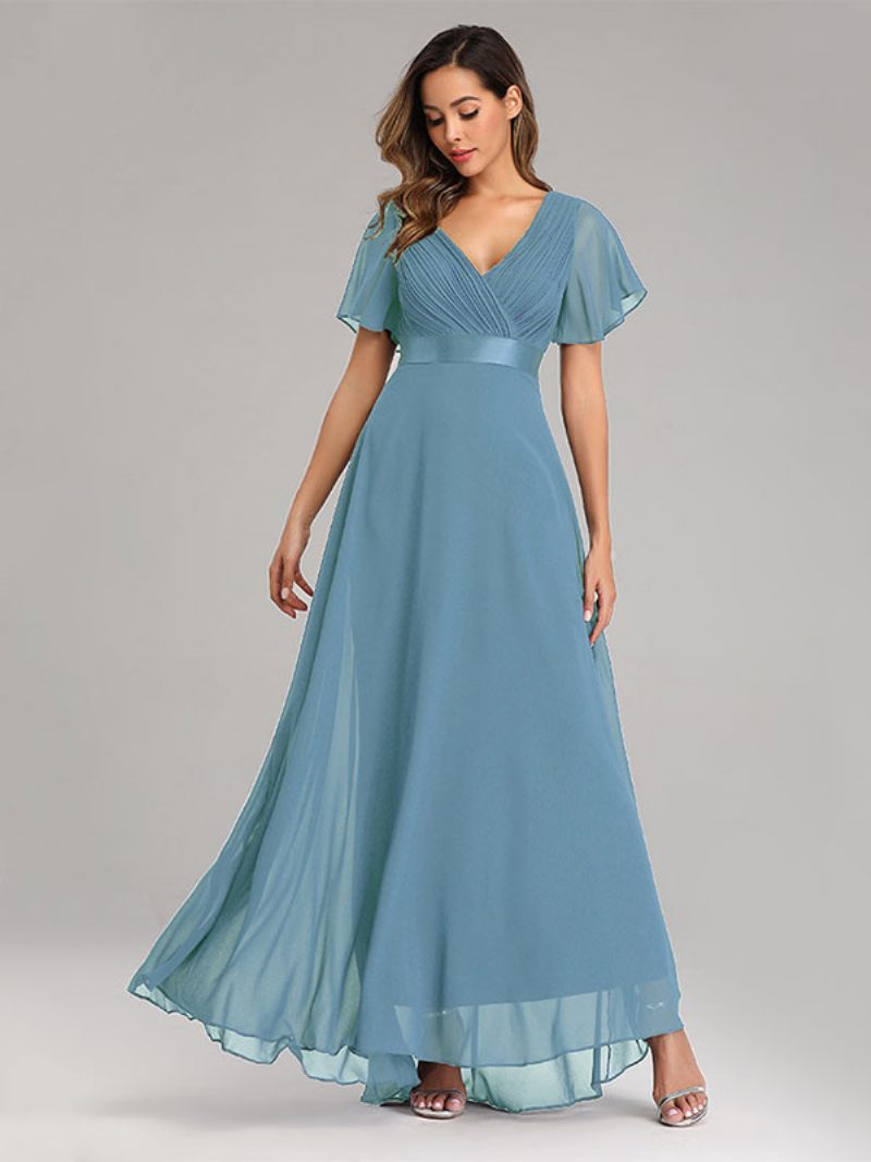 Robe Bal Mousseline Soie Pour Femme Col V Manches Courtes Longue Semi-formelle - Aqua