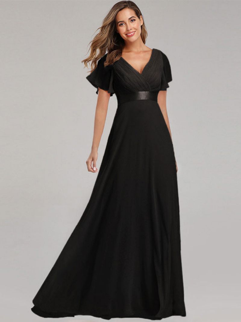 Robe Bal Mousseline Soie Pour Femme Col V Manches Courtes Longue Semi-formelle - Noir