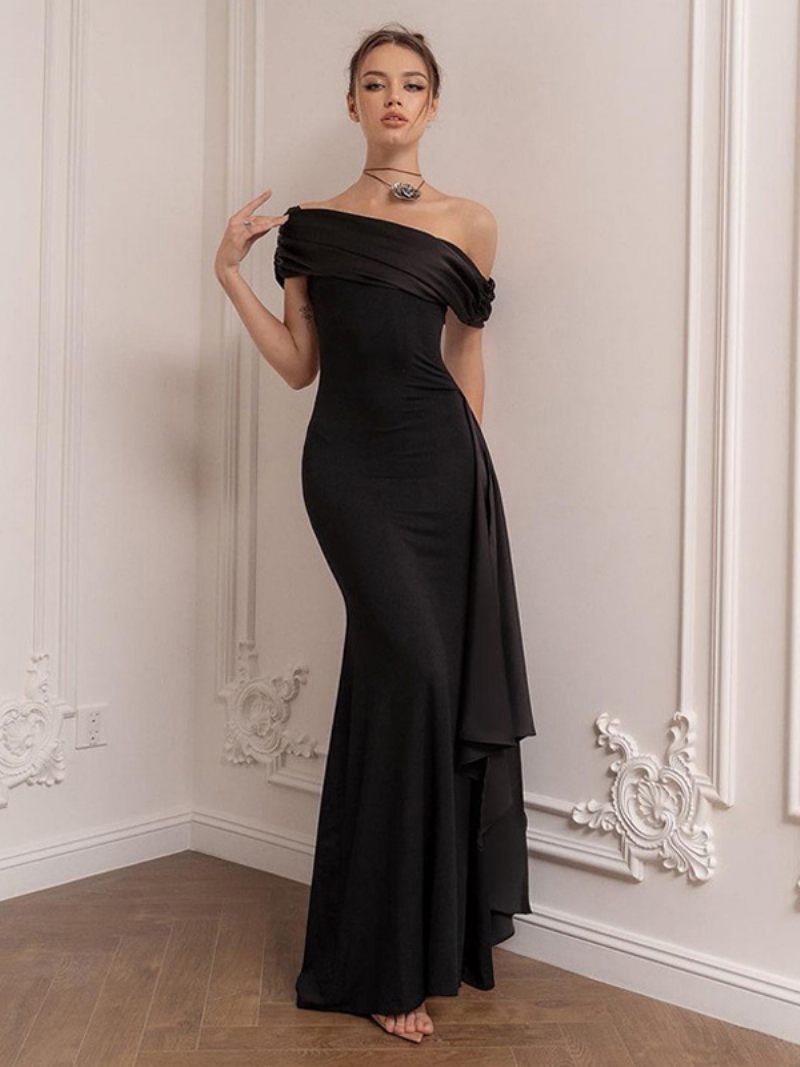 Robe Bal Noire Pour Femmes Asymétrique Épaule Dénudée Plissée Robes Longues Convertibles Asymétriques