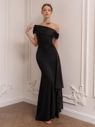 Robe Bal Noire Pour Femmes Asymétrique Épaule Dénudée Plissée Robes Longues Convertibles Asymétriques