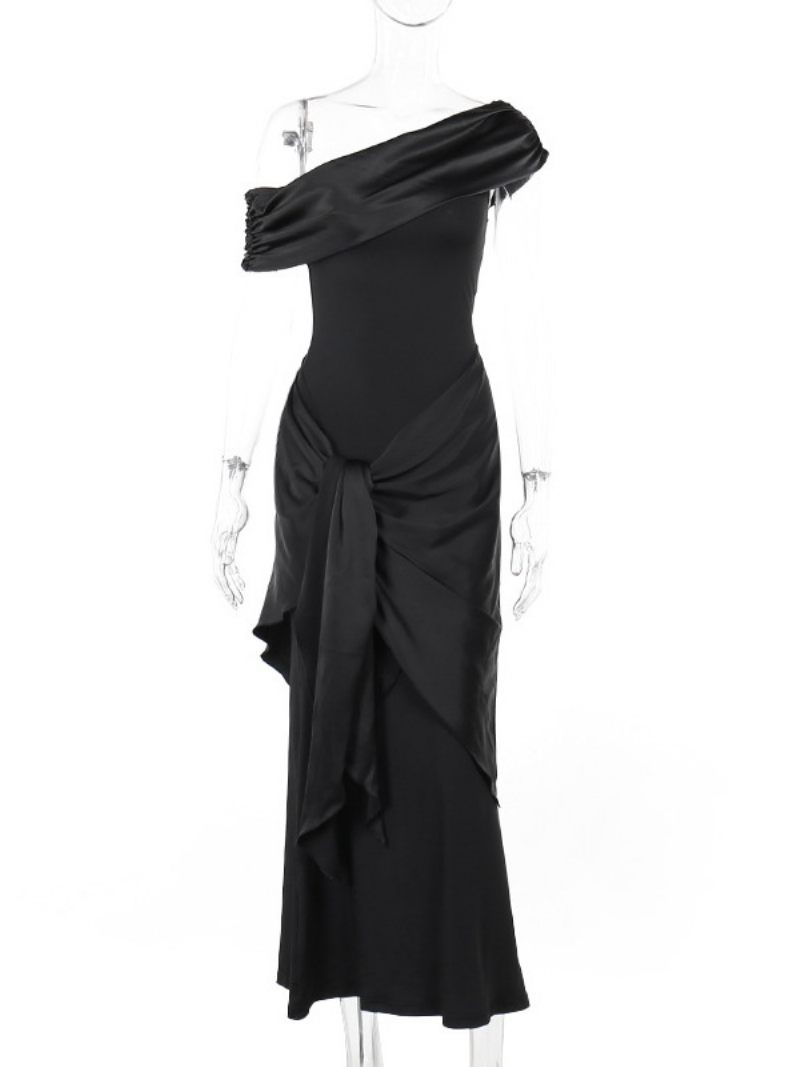 Robe Bal Noire Pour Femmes Asymétrique Épaule Dénudée Plissée Robes Longues Convertibles Asymétriques - Noir