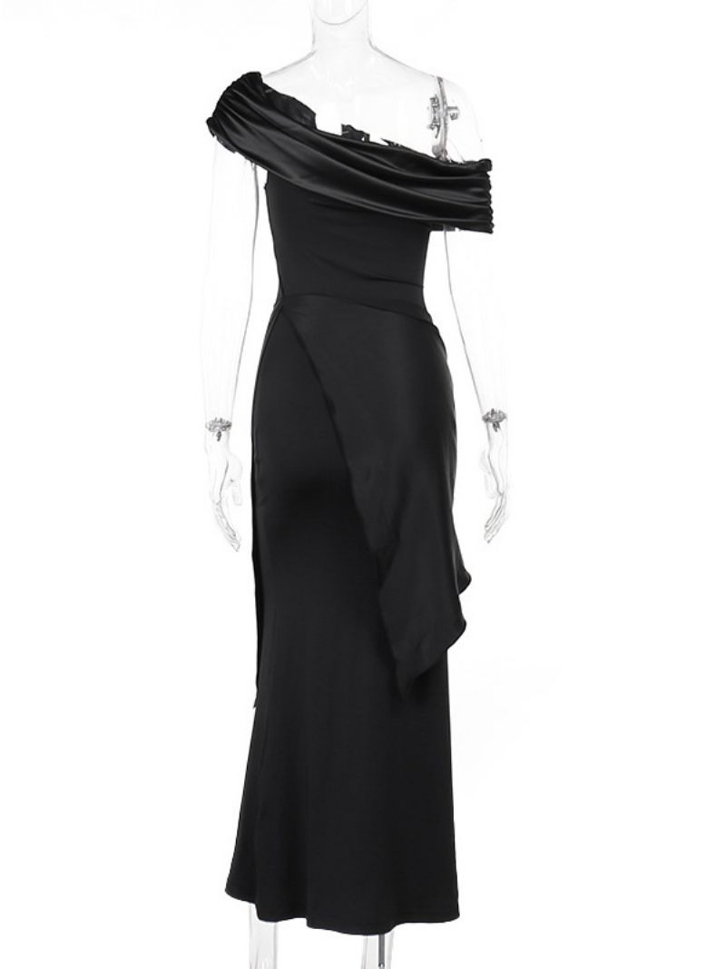 Robe Bal Noire Pour Femmes Asymétrique Épaule Dénudée Plissée Robes Longues Convertibles Asymétriques - Noir