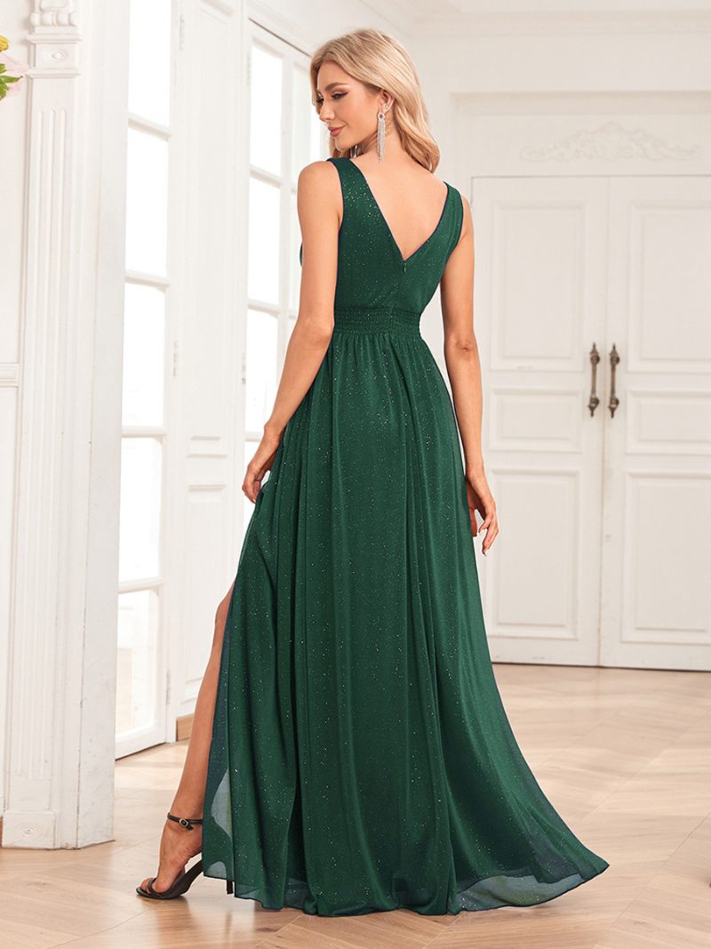 Robe Bal À Paillettes Pour Femmes Dos V Sans Manches Taille Empire Fente Haute Robes Longues - Vert