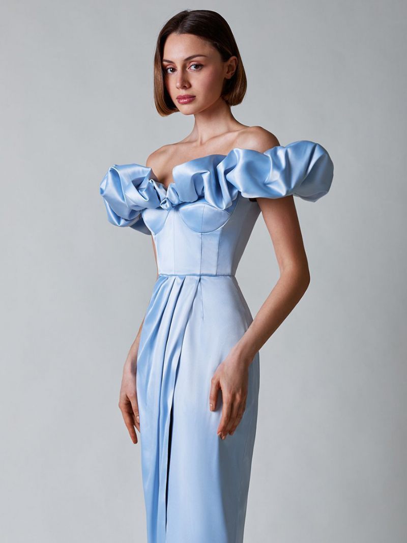 Robe Bal À Volants Pour Femmes Épaules Dénudées Fente Haute Robes Longues Plissées - Bleu