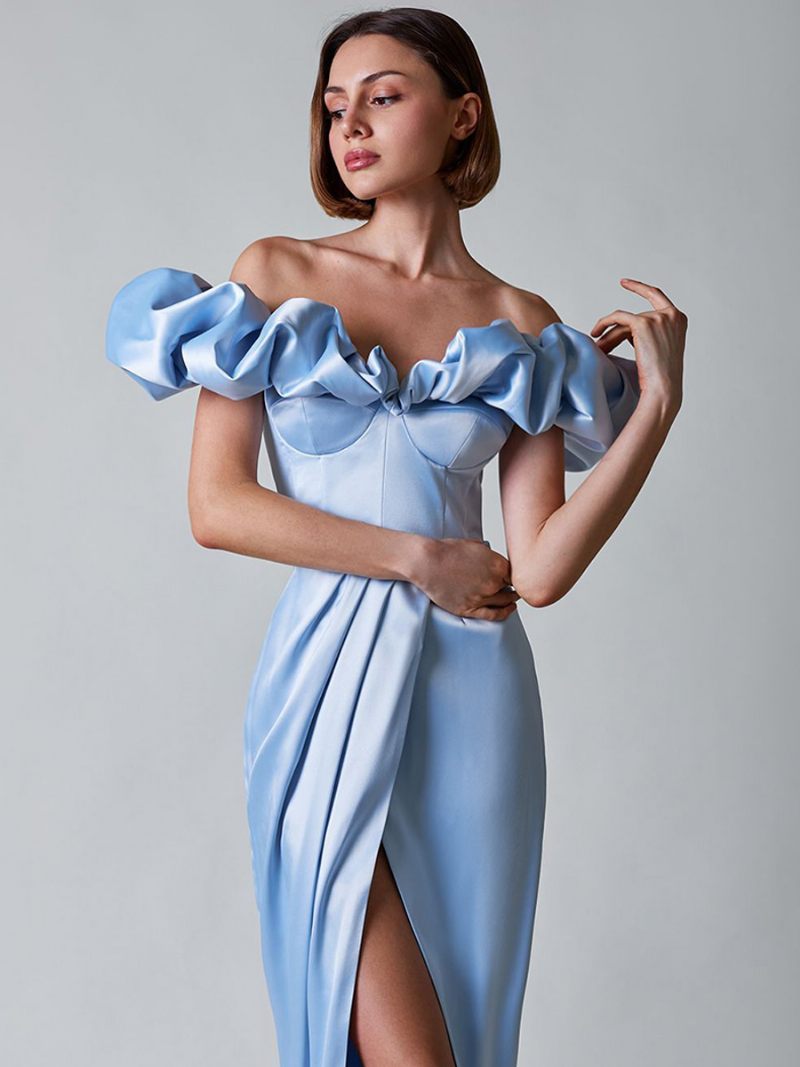 Robe Bal À Volants Pour Femmes Épaules Dénudées Fente Haute Robes Longues Plissées - Bleu