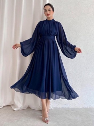 Robe Bleu Marine Foncé Pour Femmes Manches Longues Plissées Taille Empire Robes Tulle