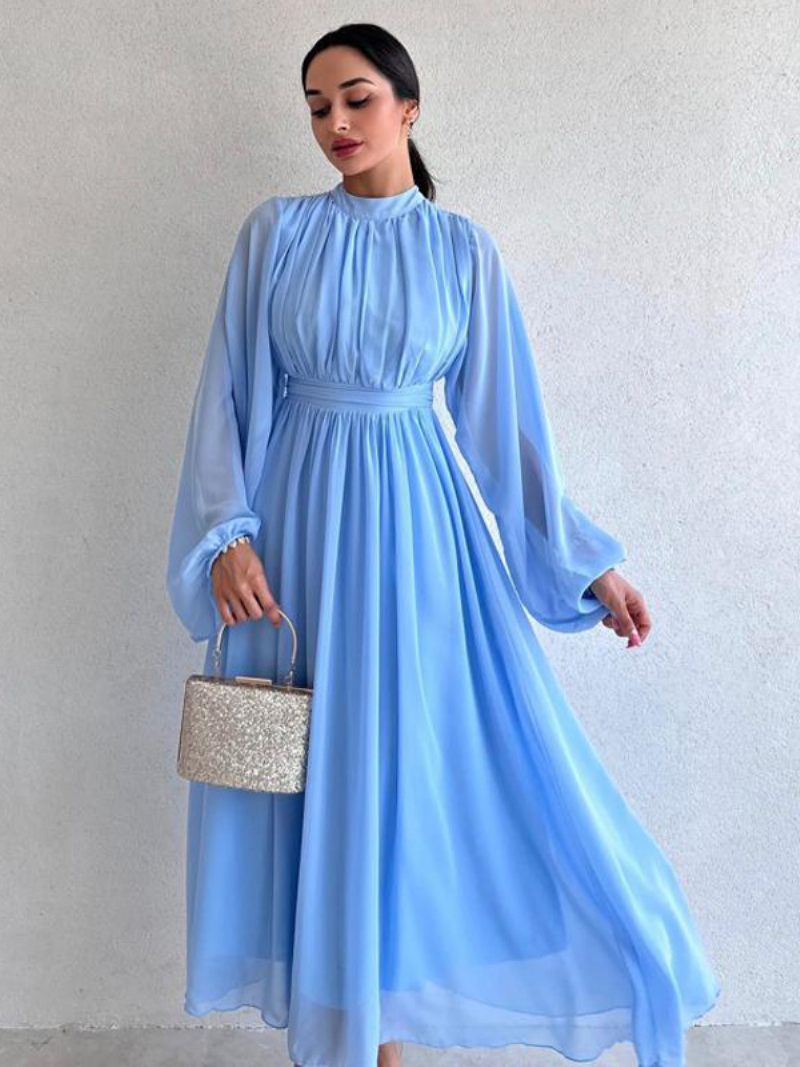 Robe Bleu Marine Foncé Pour Femmes Manches Longues Plissées Taille Empire Robes Tulle - Bleu