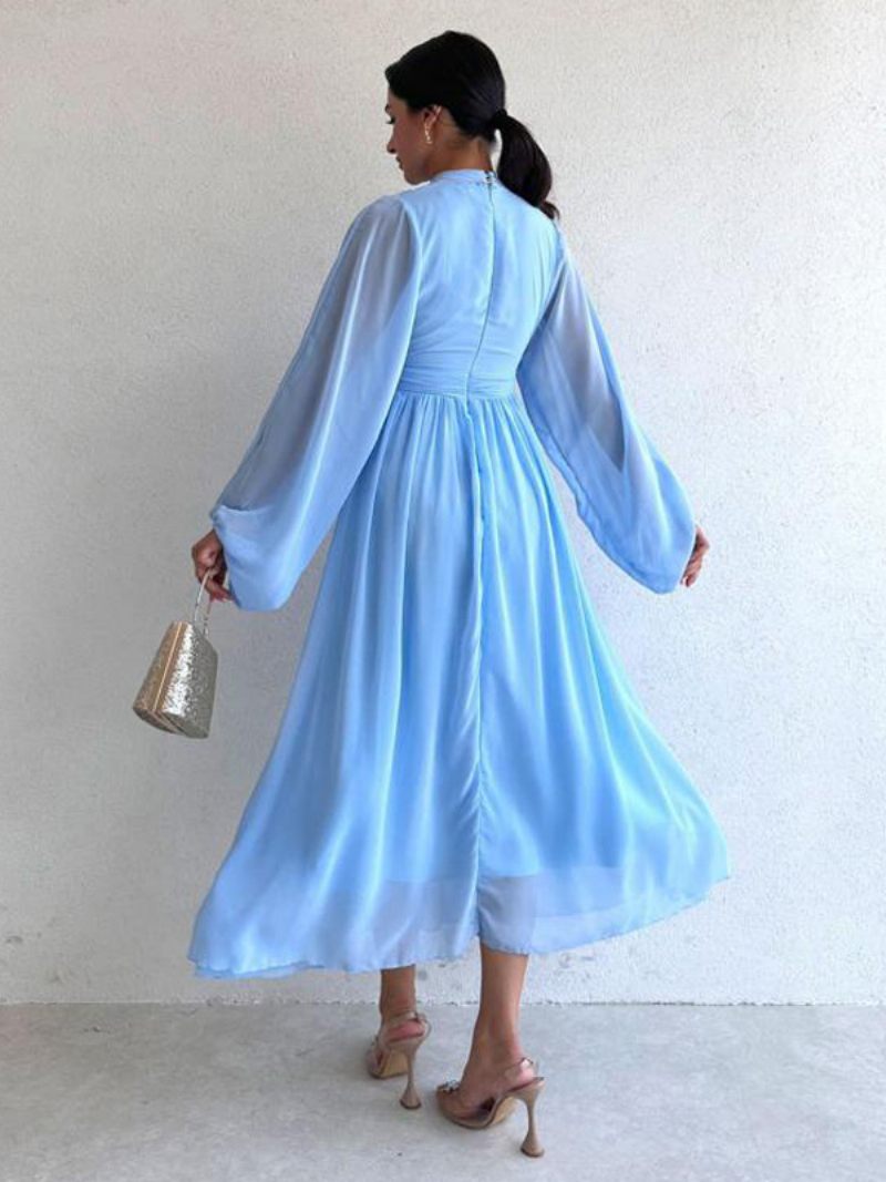 Robe Bleu Marine Foncé Pour Femmes Manches Longues Plissées Taille Empire Robes Tulle - Bleu