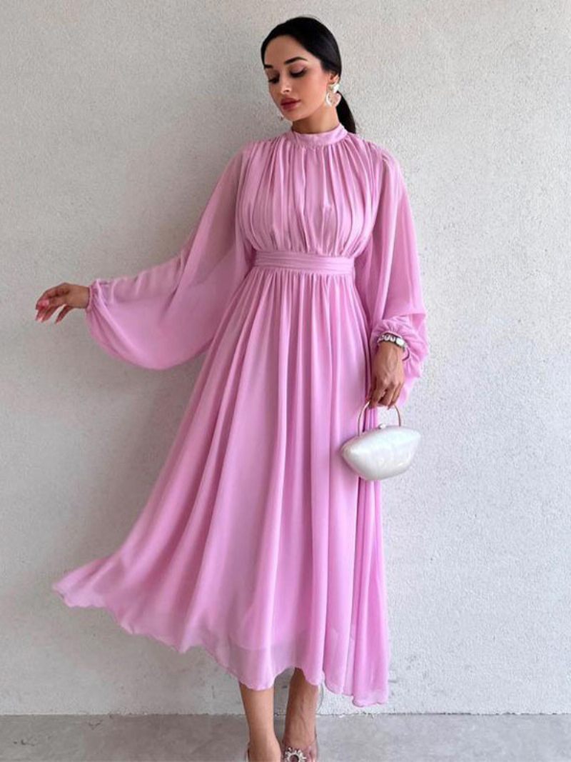 Robe Bleu Marine Foncé Pour Femmes Manches Longues Plissées Taille Empire Robes Tulle - Rose