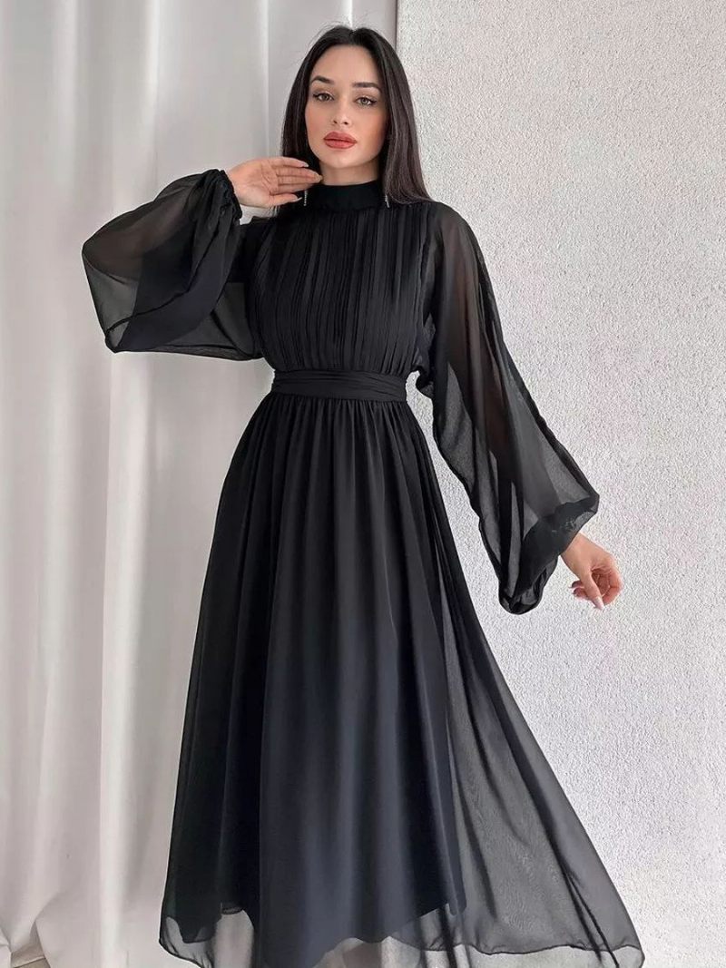 Robe Bleu Marine Foncé Pour Femmes Manches Longues Plissées Taille Empire Robes Tulle - Noir