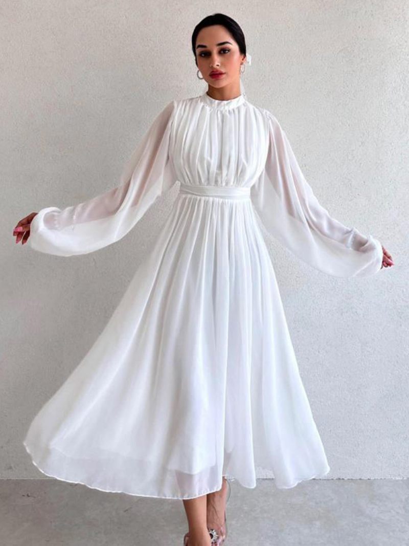 Robe Bleu Marine Foncé Pour Femmes Manches Longues Plissées Taille Empire Robes Tulle - Blanc