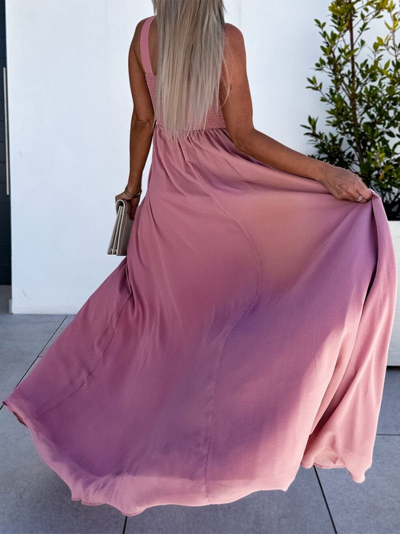 Robe Bleu Royal Pour Femmes Col V Plissé Taille Empire Fente Haute Robes Maxi Bal - Rose