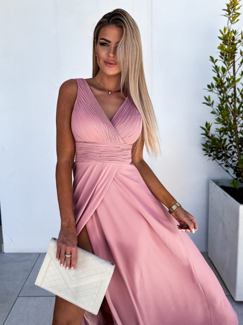 Robe Bleu Royal Pour Femmes Col V Plissé Taille Empire Fente Haute Robes Maxi Bal - Rose