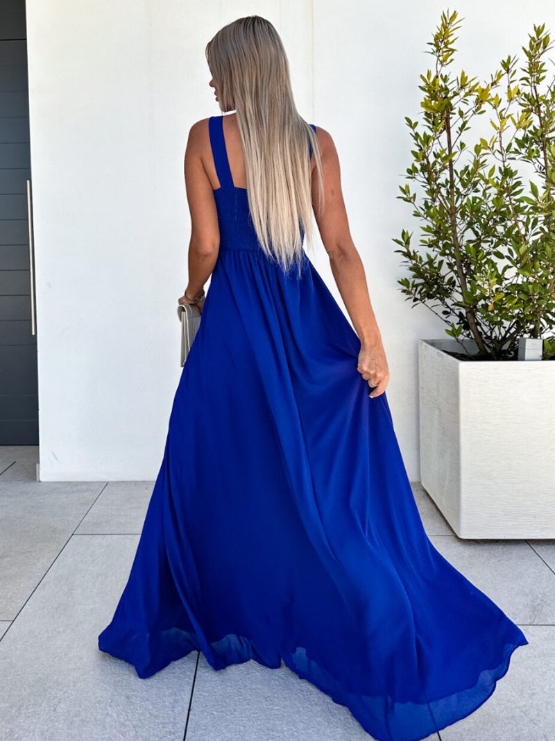 Robe Bleu Royal Pour Femmes Col V Plissé Taille Empire Fente Haute Robes Maxi Bal - Bleu Royal