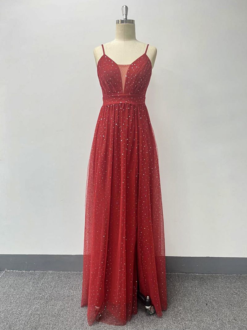 Robe Bordeaux À Col V Pour Femmes Paillettes Sans Manches Superposée Robes Longues Bal - Bourgogne