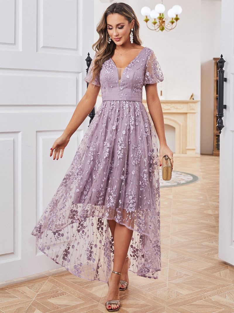 Robe Brodée Violette Pour Femmes Motif Floral Manches Courtes Couches Robes Longues Irrégulières