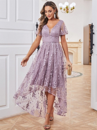 Robe Brodée Violette Pour Femmes Motif Floral Manches Courtes Couches Robes Longues Irrégulières