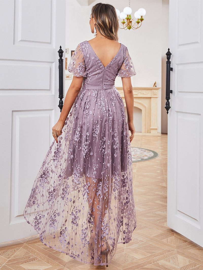 Robe Brodée Violette Pour Femmes Motif Floral Manches Courtes Couches Robes Longues Irrégulières - Violet