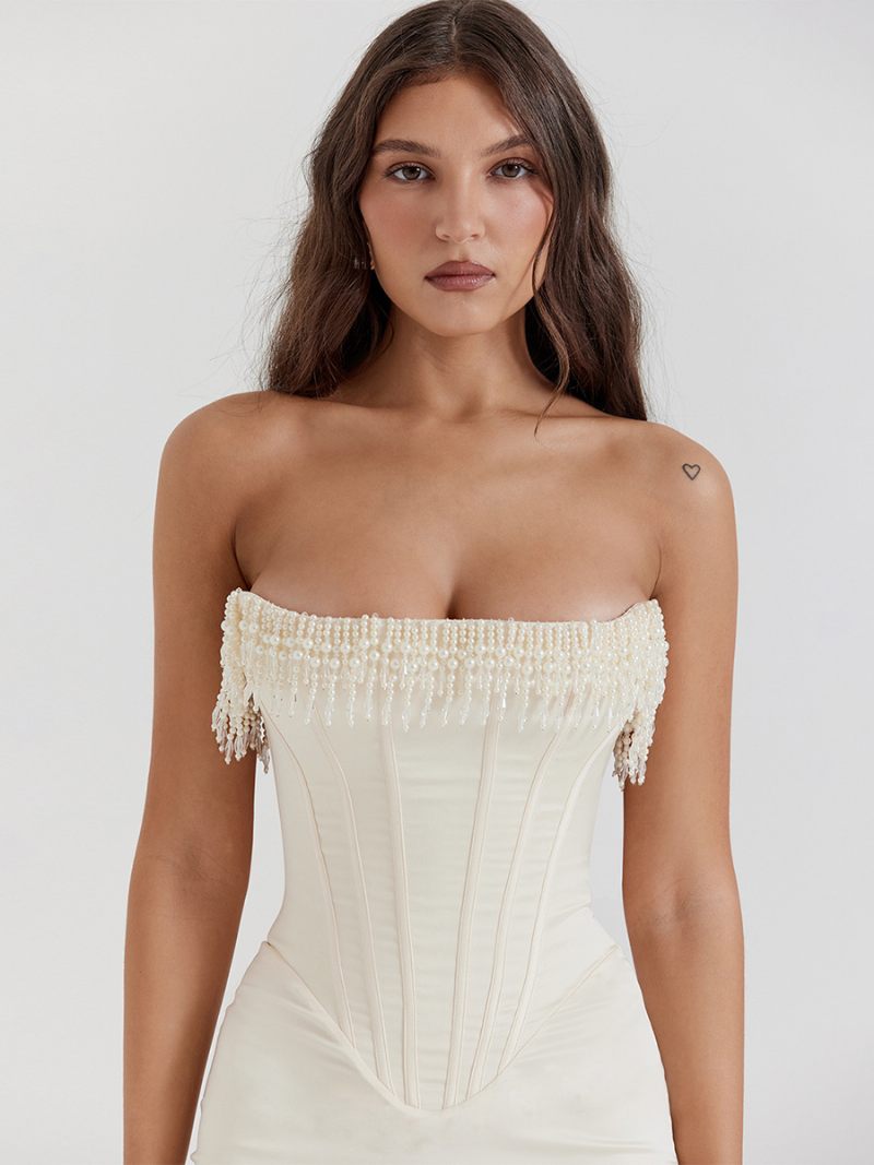 Robe Corset Plissée À Franges Pour Femmes Dos Lacets Robes Mi-longues Bal Promo Fête D'anniversaire - Blanc