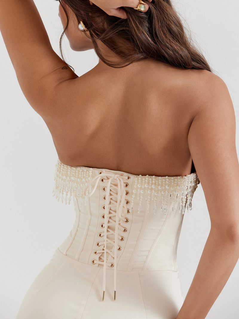 Robe Corset Plissée À Franges Pour Femmes Dos Lacets Robes Mi-longues Bal Promo Fête D'anniversaire - Blanc