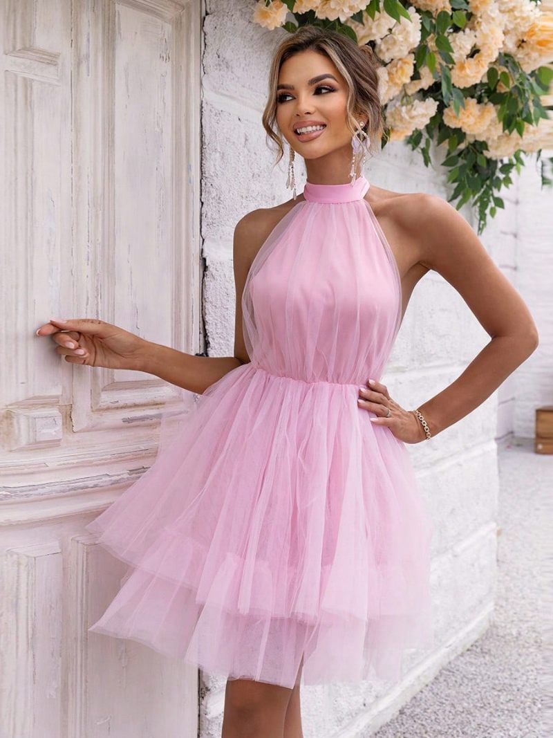 Robe Courte Bleue Pour Femmes Col Licou Sans Manches Mini Robes Soirée Transparentes - Rose