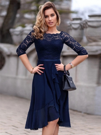 Robe Courte Péplum Bleu Foncé Pour Femmes Corsage Dentelle Col Bateau Taille Avec Ruban Robes Jour