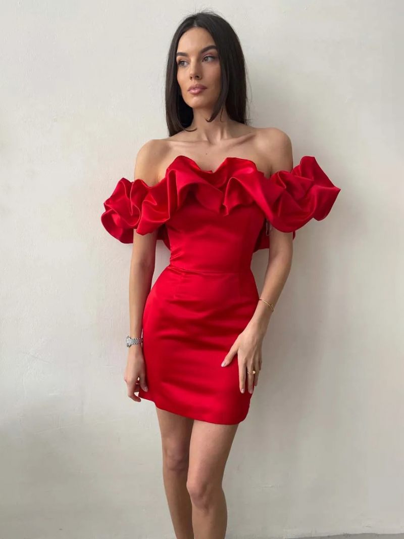 Robe Cupcake Chic Pour Femmes Sans Bretelles Fente Latérale Mini Robes Fête D'anniversaire - Rouge